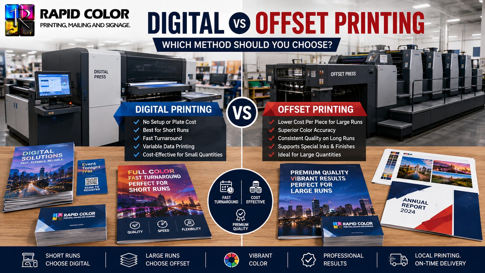 Side by side comparison of a digital press and an offset press producing color print sheets