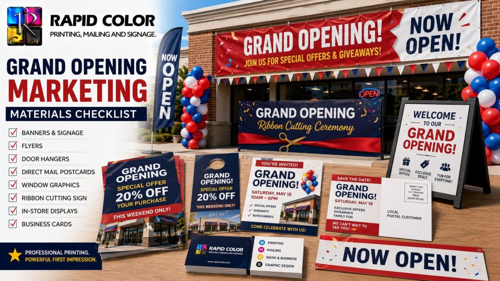 Grand opening marketing materials including banners, flyers, door hangers and a ribbon cutting sign outside a new store