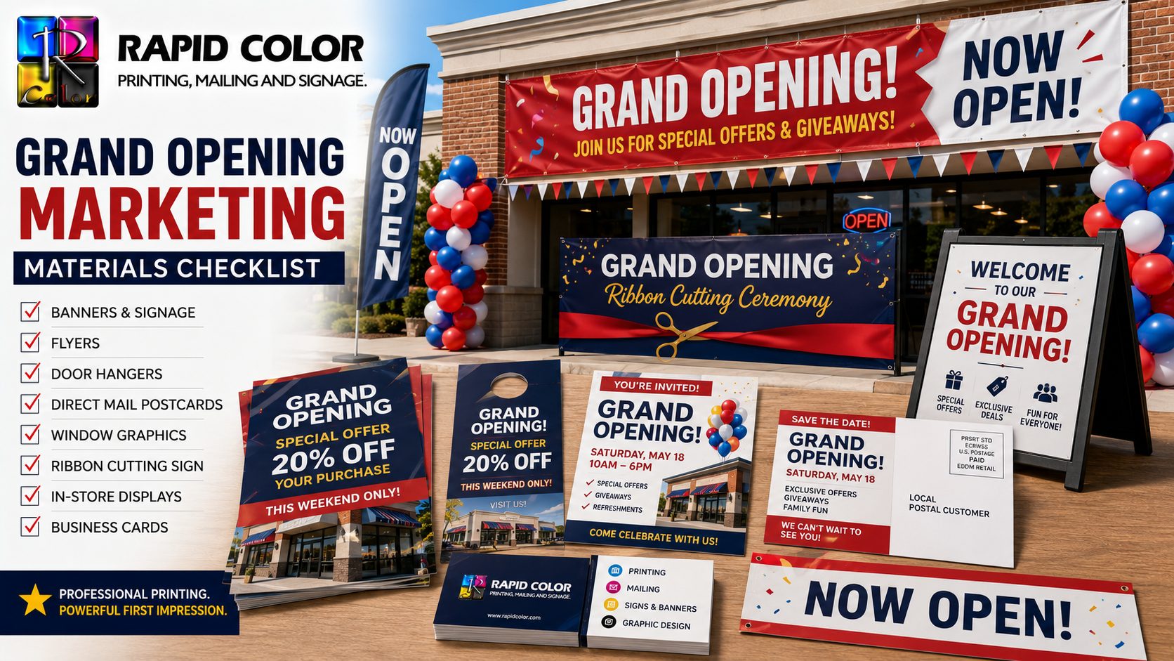 Grand opening marketing materials including banners, flyers, door hangers and a ribbon cutting sign outside a new store