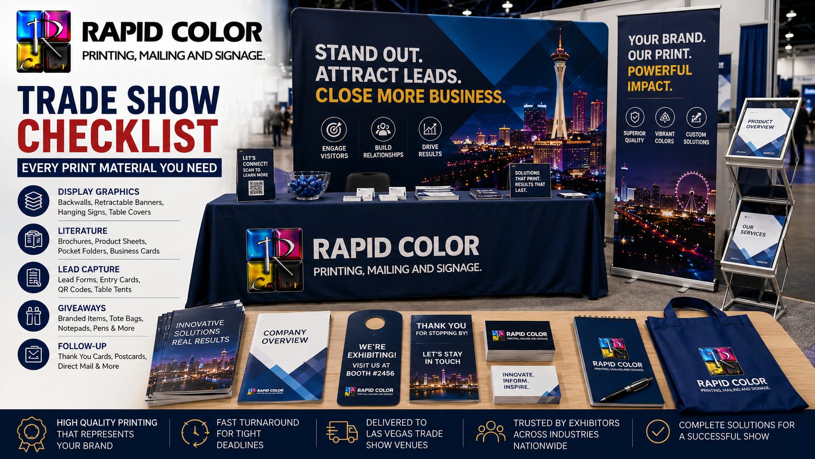Trade show materials laid out including retractable banner, brochures, business cards and branded table cover