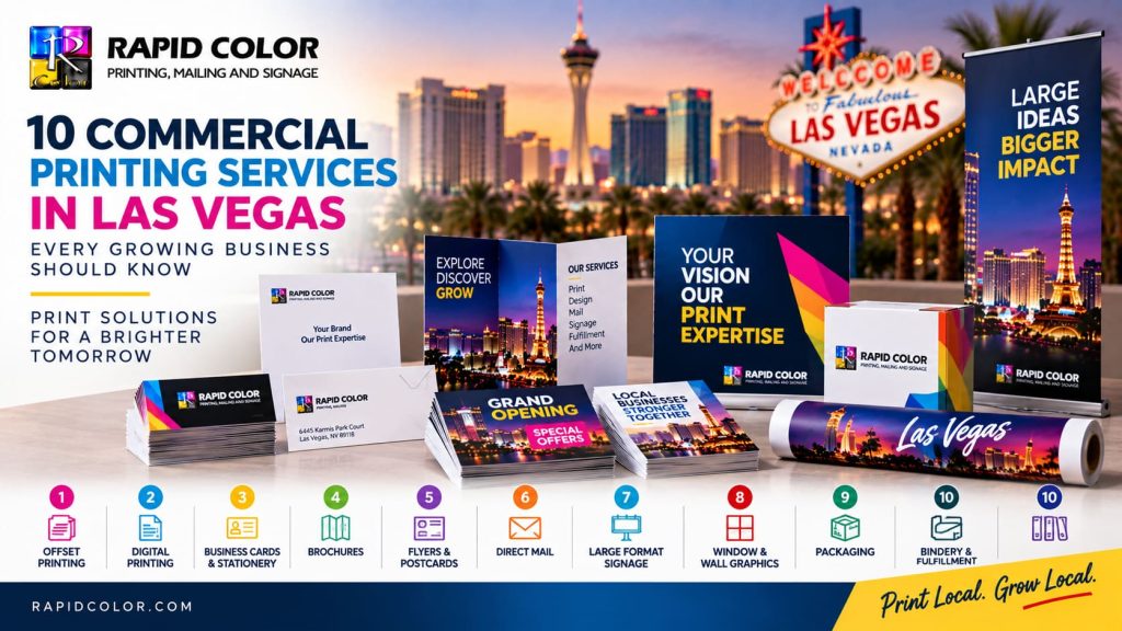 Range of commercial print work including brochures, business cards, postcards and banners produced in Las Vegas
