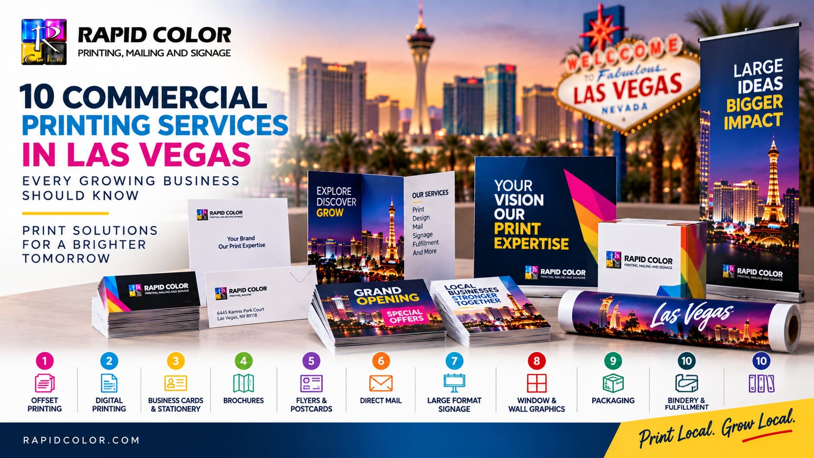 Range of commercial print work including brochures, business cards, postcards and banners produced in Las Vegas