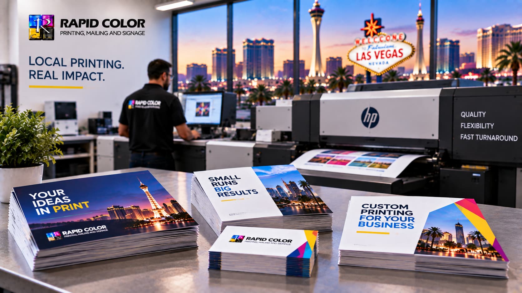 Short run printing in Las Vegas featuring a modern digital printing press, custom business materials, and Rapid Color branding
