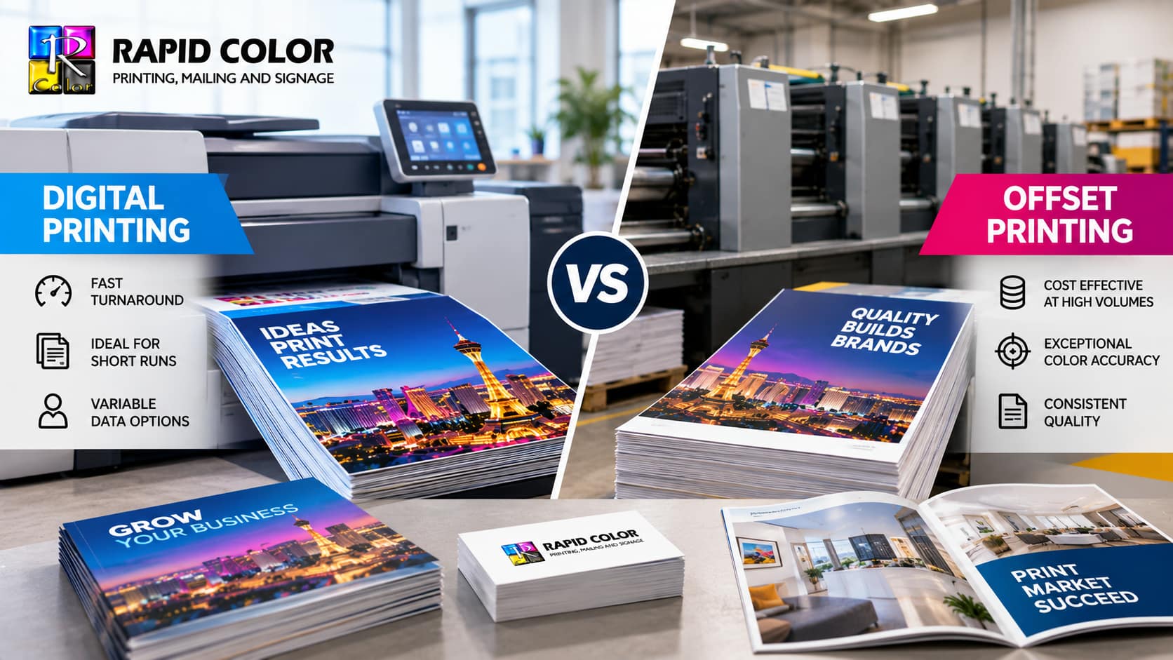 Digital printing and offset printing compared side by side, showing printing machines, printed materials, and key benefits of each method.