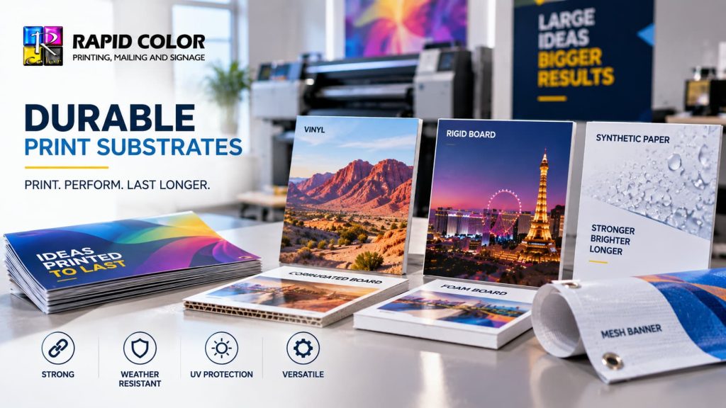 Durable print substrates for digital printing, including synthetic paper, vinyl, rigid boards, and laminated materials.