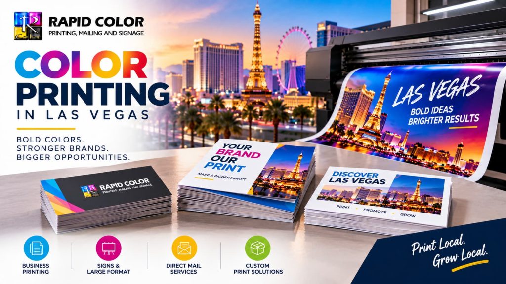 Full color printed brochures, business cards and banners produced at a Las Vegas commercial printing plant