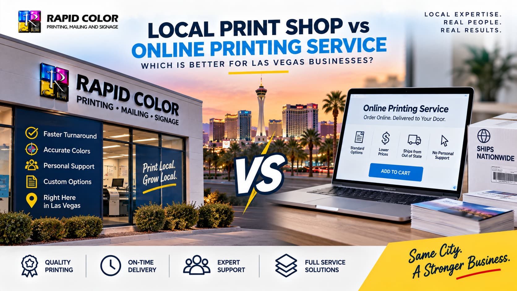Side by side comparison of locally printed brochures and mail-order printed samples for a Las Vegas business