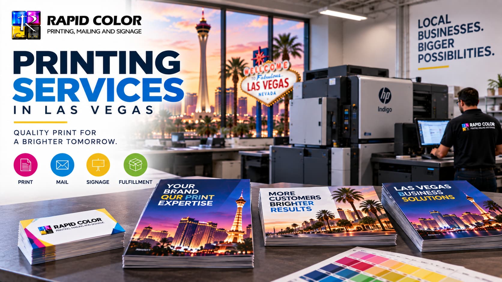 Printing services in Las Vegas featuring commercial printing equipment, marketing materials, and Rapid Color branding