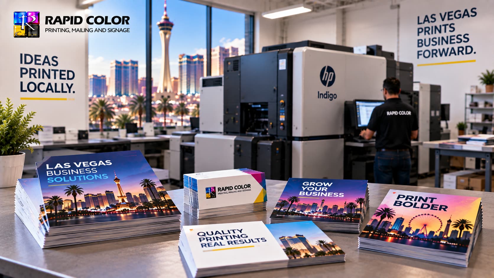 Digital printing in Las Vegas featuring a modern HP Indigo press, printed business materials, Rapid Color branding, and Las Vegas skyline
