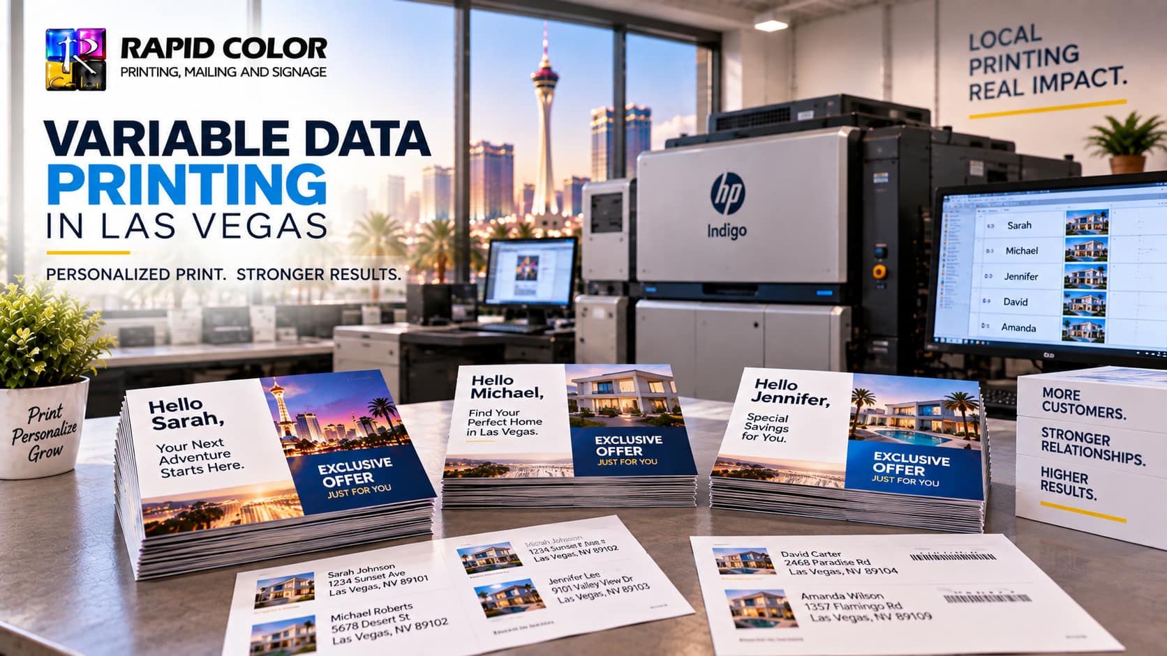 Variable data printing in Las Vegas featuring personalized postcards, a digital printing press, and Rapid Color branding