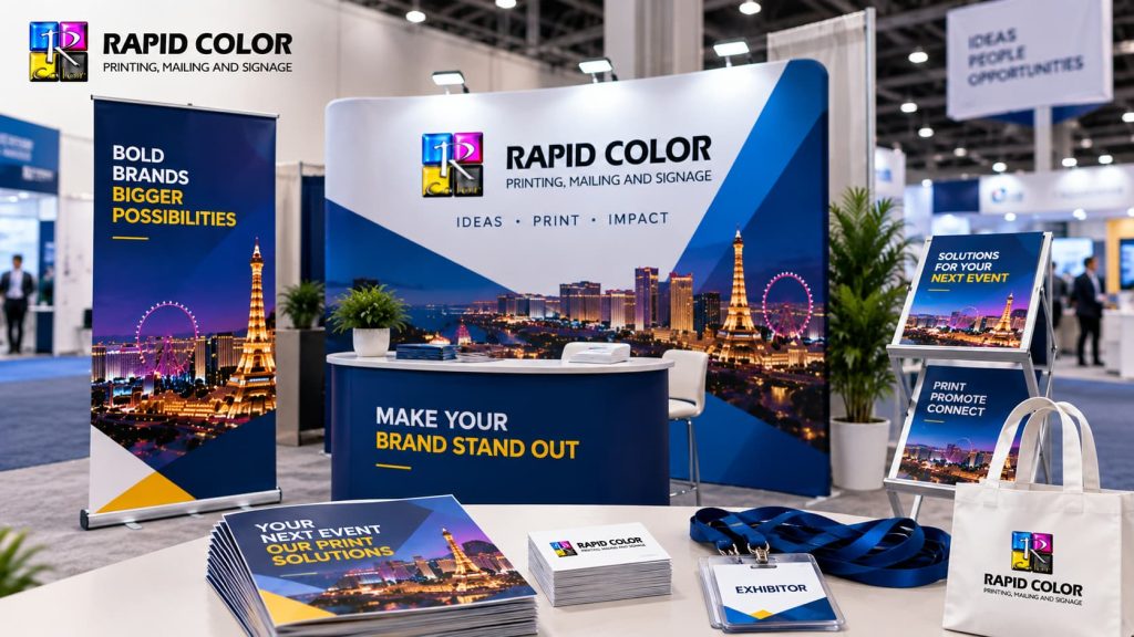 Convention printing booth featuring Rapid Color banners, branded displays, brochures, exhibitor badges, and promotional materials at a trade show.