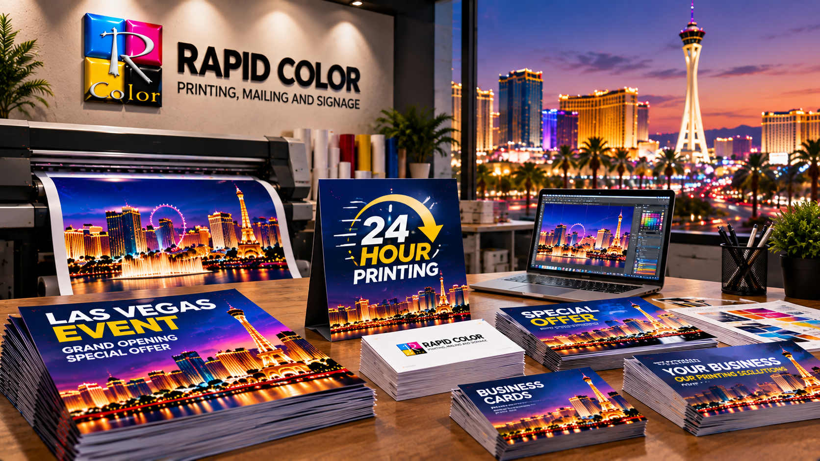 Rapid Color 24-hour printing in Las Vegas featuring urgent flyers, business cards, brochures, and professional digital printing equipment.