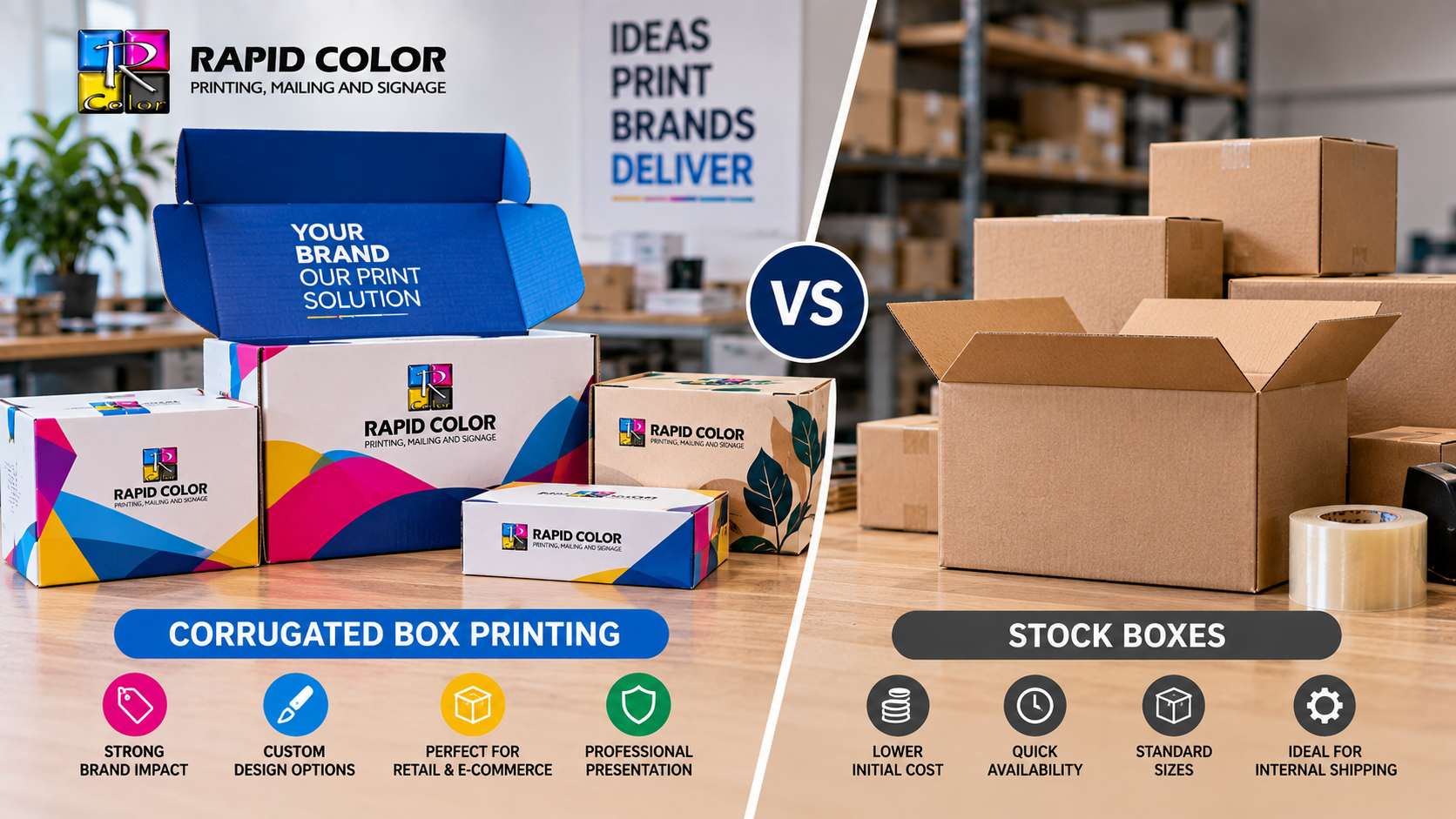 Rapid Color corrugated box printing vs. stock boxes comparison, showing branded custom packaging beside plain stock boxes.