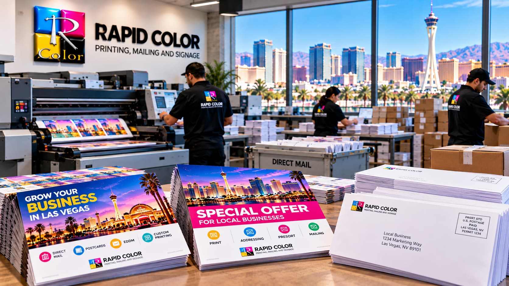 Rapid Color direct mail printing services featuring promotional mailers, addressed envelopes, and commercial printing equipment in Las Vegas.