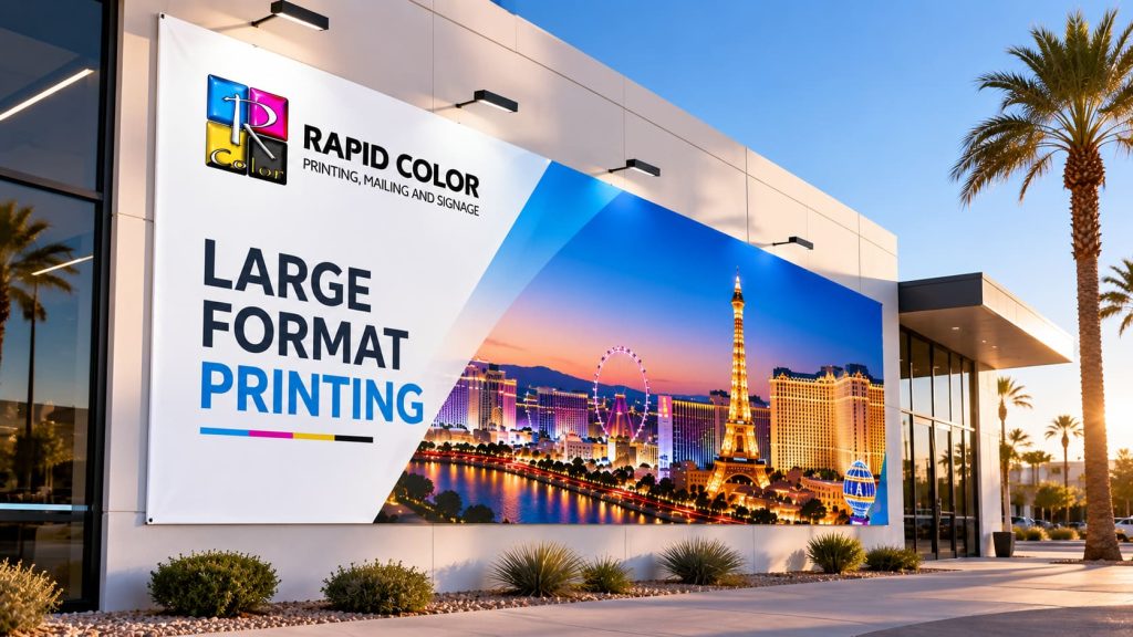 Rapid Color large format printing banner displayed on a modern Las Vegas commercial building with a colorful city skyline graphic and clean outdoor signage.
