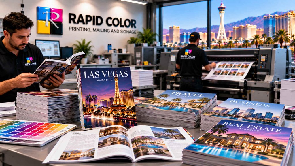 Stack of freshly printed saddle-stitched magazines with glossy covers on a print shop table