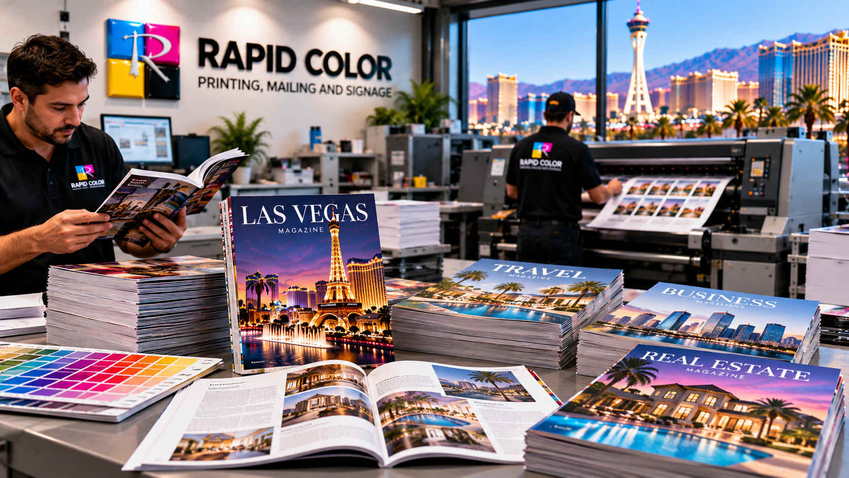 Stack of freshly printed saddle-stitched magazines with glossy covers on a print shop table