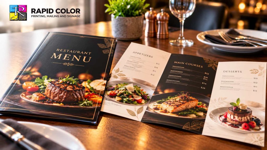Laminated and uncoated restaurant menus side by side on a dining table
