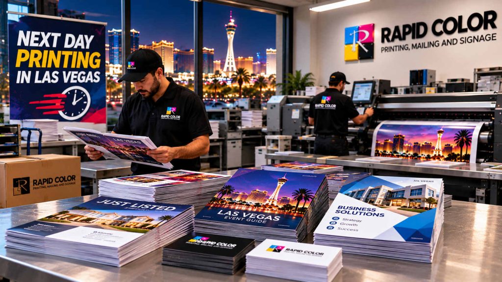 Printer operator checking freshly printed flyers coming off a digital press in a Las Vegas print shop