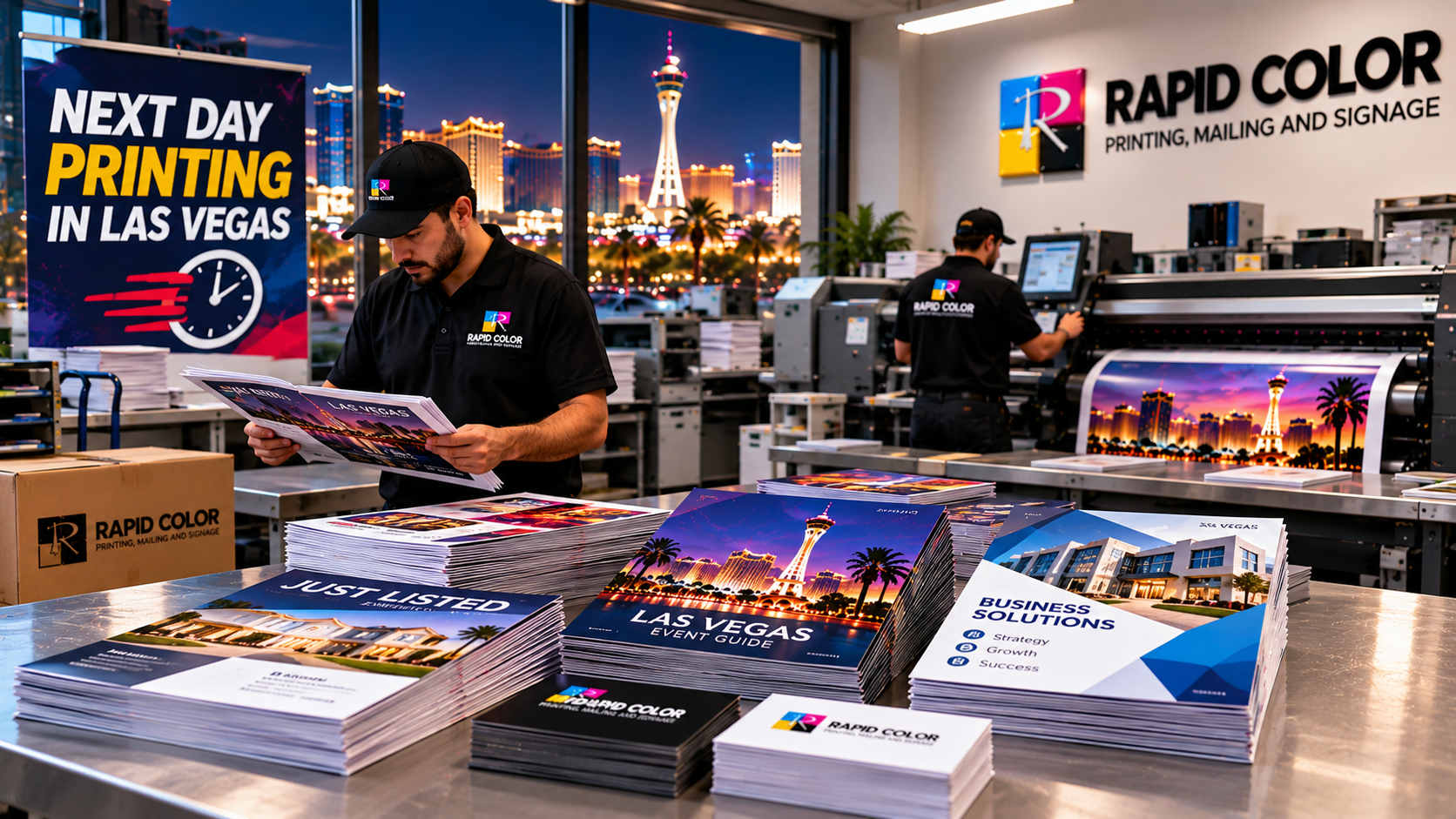Printer operator checking freshly printed flyers coming off a digital press in a Las Vegas print shop
