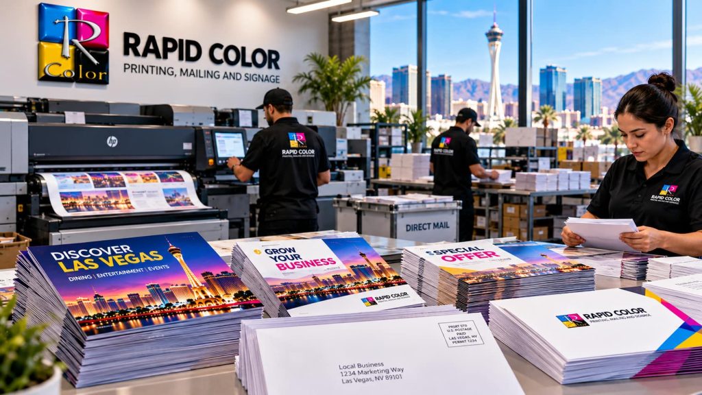 Rapid Color bulk mail printing services with printed postcards, business mailers, envelopes, and professional mailing production in Las Vegas.