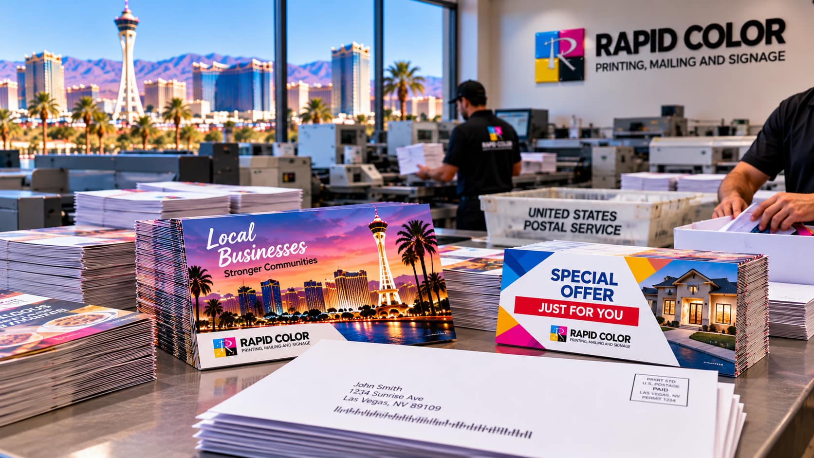 Pallets of printed direct mail postcards being sorted for delivery at a Las Vegas print and mail facility