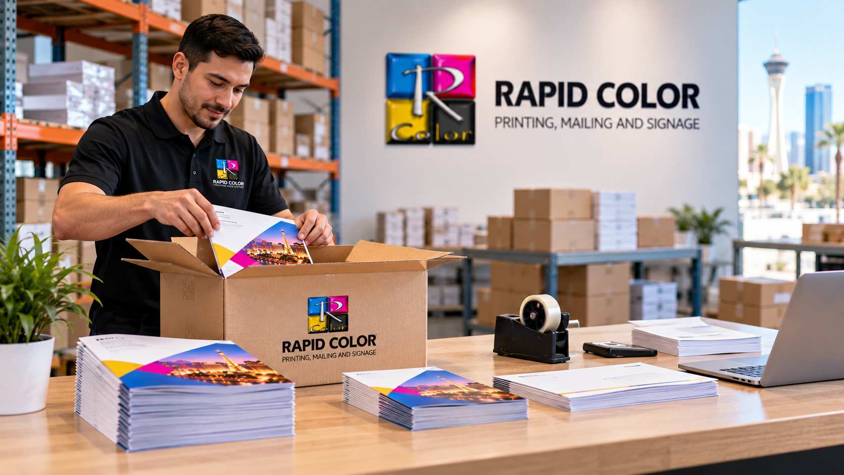 Rapid Color print fulfillment workspace with brochures, branded packaging, organized inventory, and packing materials in a clean Las Vegas warehouse. Pasted markdown