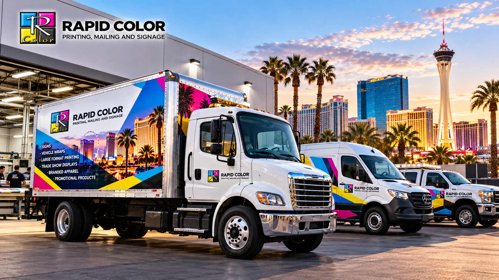 Wrapped commercial box truck with full-color fleet graphics parked in Las Vegas
