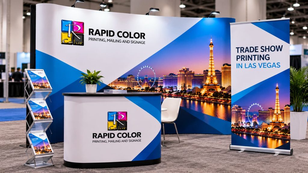 Rapid Color trade show printing booth in Las Vegas with branded banners, backdrop, table throw, brochures, signage, and promotional displays.