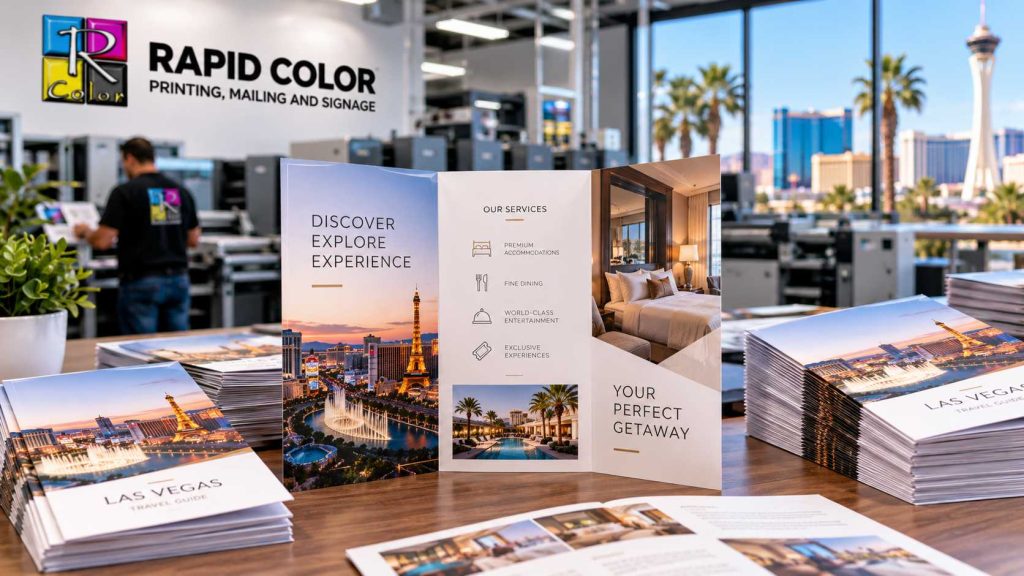 Stack of printed tri fold brochures with one panel opened to show the inside spread