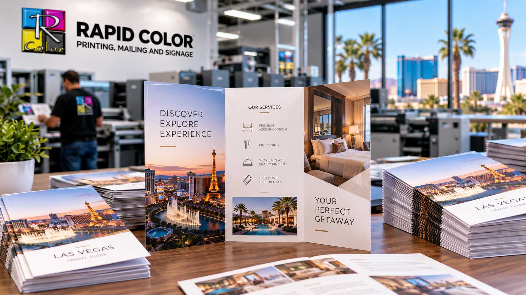 Stack of printed tri fold brochures with one panel opened to show the inside spread