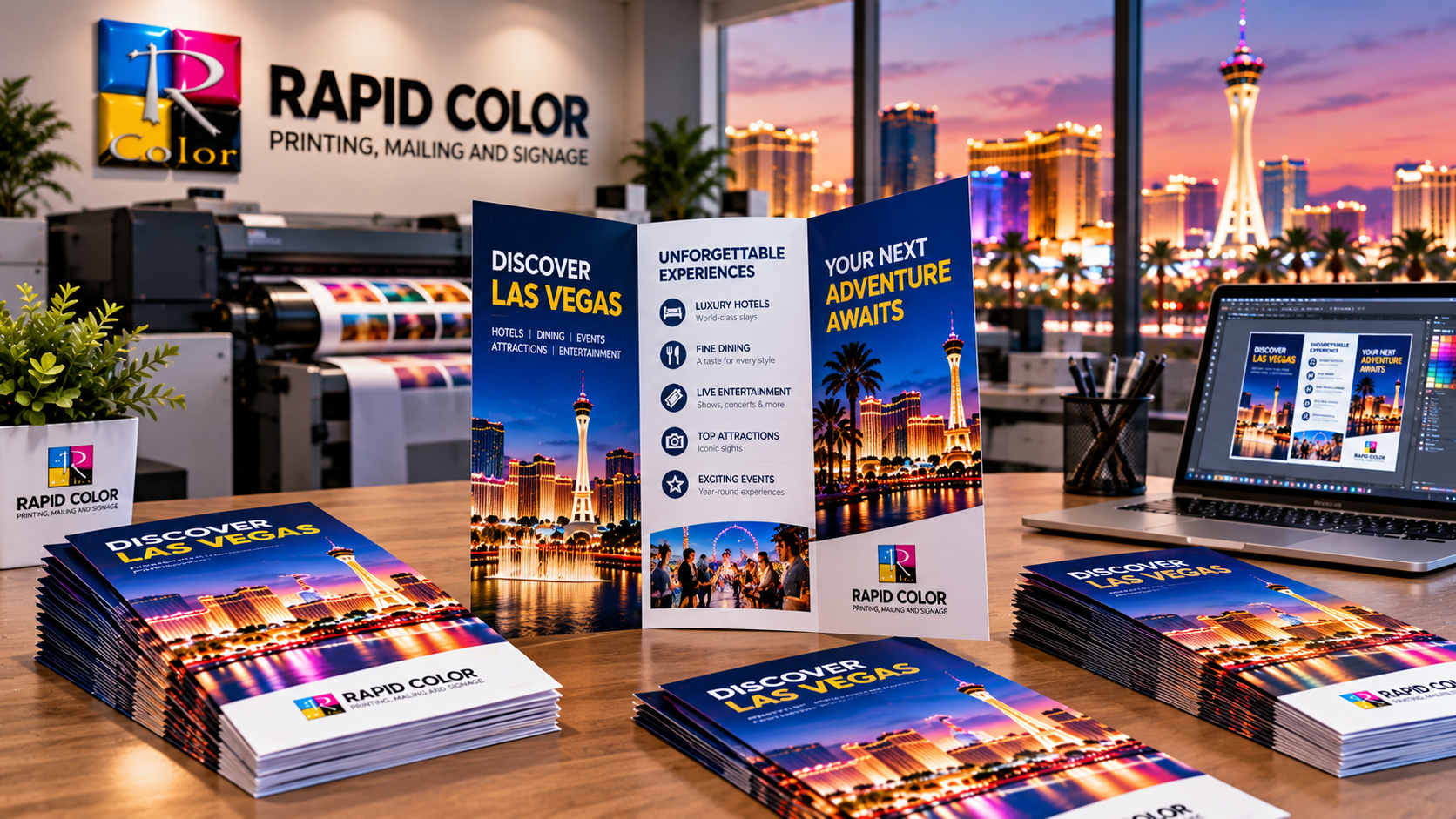 Rapid Color tri-fold brochure printing in Nevada featuring custom Las Vegas brochures, printed samples, and digital brochure design on a laptop.