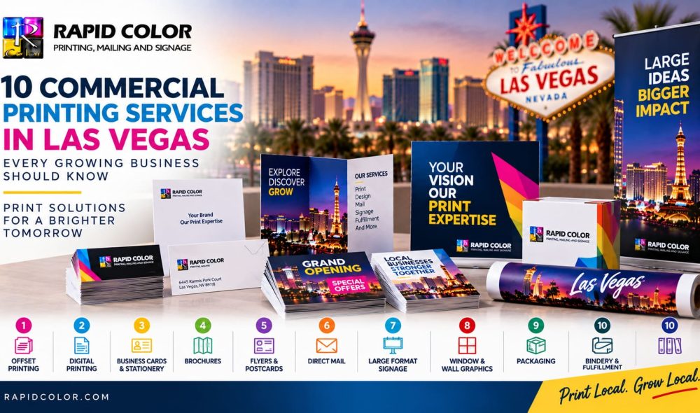Range of commercial print work including brochures, business cards, postcards and banners produced in Las Vegas