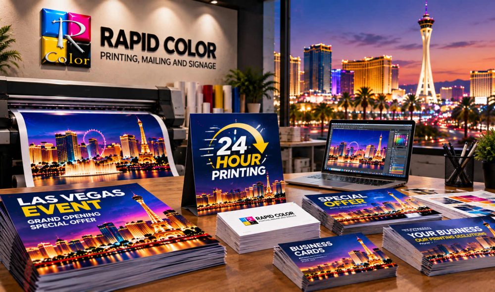 Rapid Color 24-hour printing in Las Vegas featuring urgent flyers, business cards, brochures, and professional digital printing equipment.
