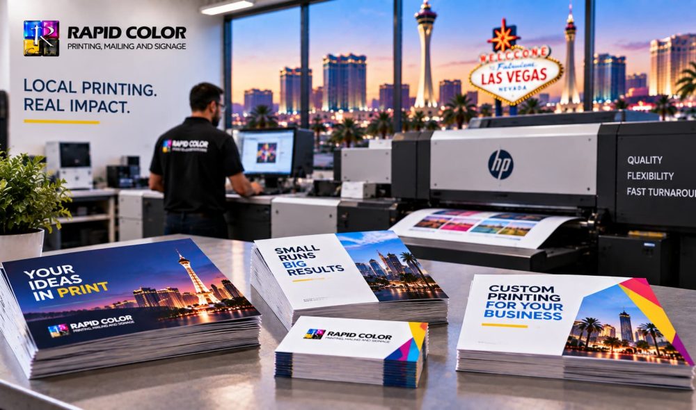 Short run printing in Las Vegas featuring a modern digital printing press, custom business materials, and Rapid Color branding