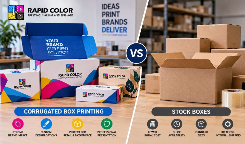Rapid Color corrugated box printing vs. stock boxes comparison, showing branded custom packaging beside plain stock boxes.
