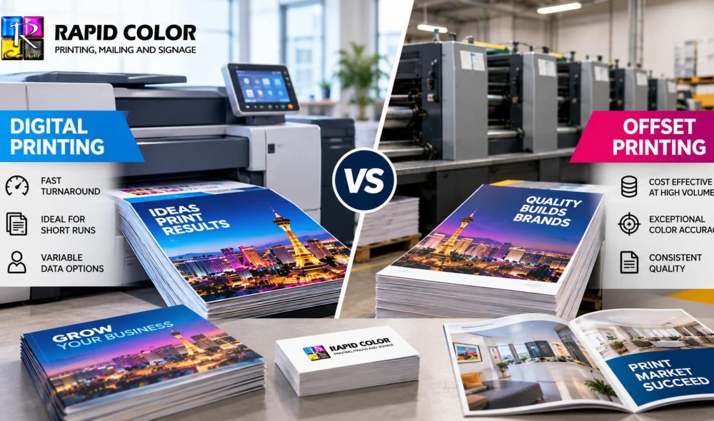 Digital printing and offset printing compared side by side, showing printing machines, printed materials, and key benefits of each method.