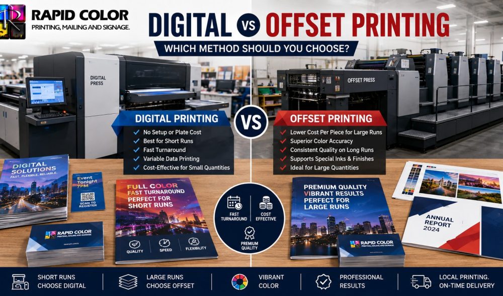 Side by side comparison of a digital press and an offset press producing color print sheets