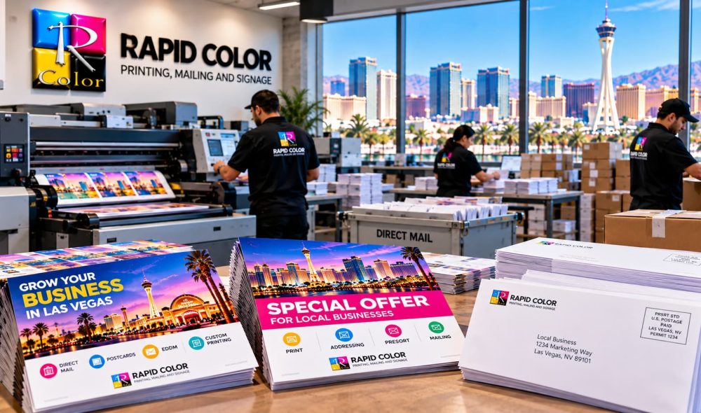 Rapid Color direct mail printing services featuring promotional mailers, addressed envelopes, and commercial printing equipment in Las Vegas.