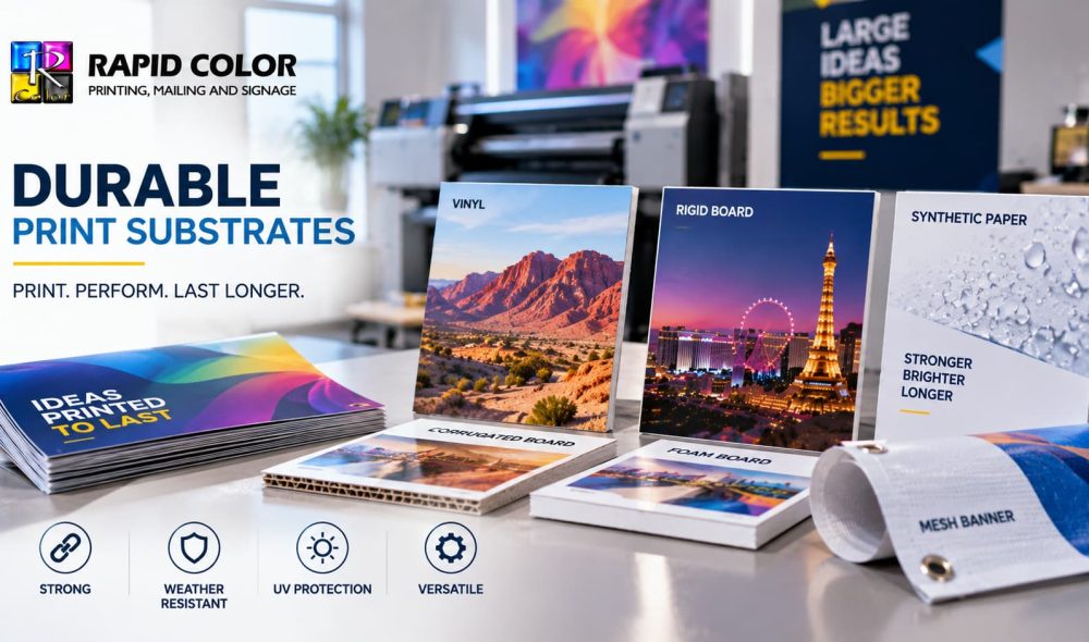 Durable print substrates for digital printing, including synthetic paper, vinyl, rigid boards, and laminated materials.