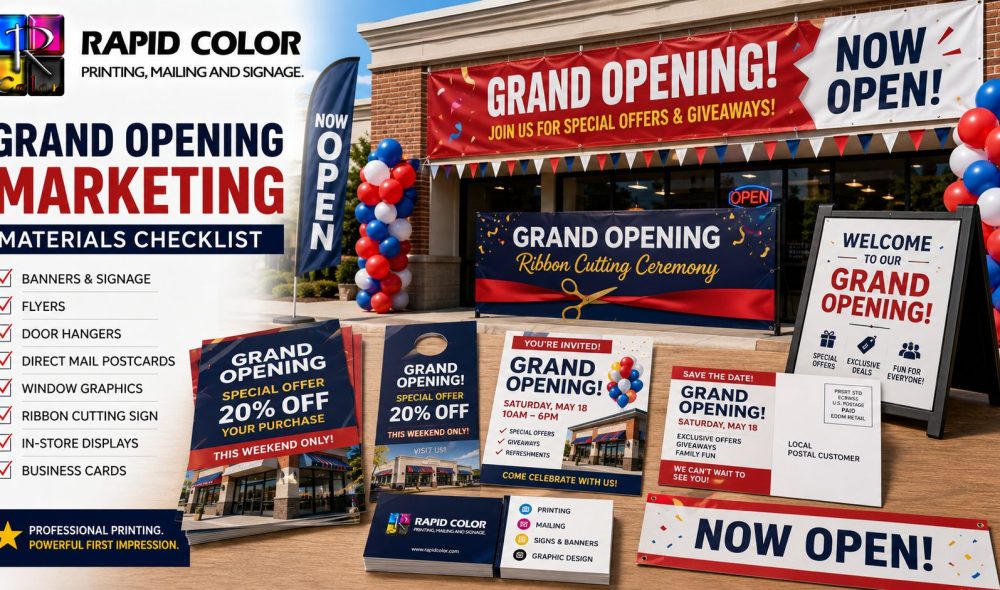 Grand opening marketing materials including banners, flyers, door hangers and a ribbon cutting sign outside a new store