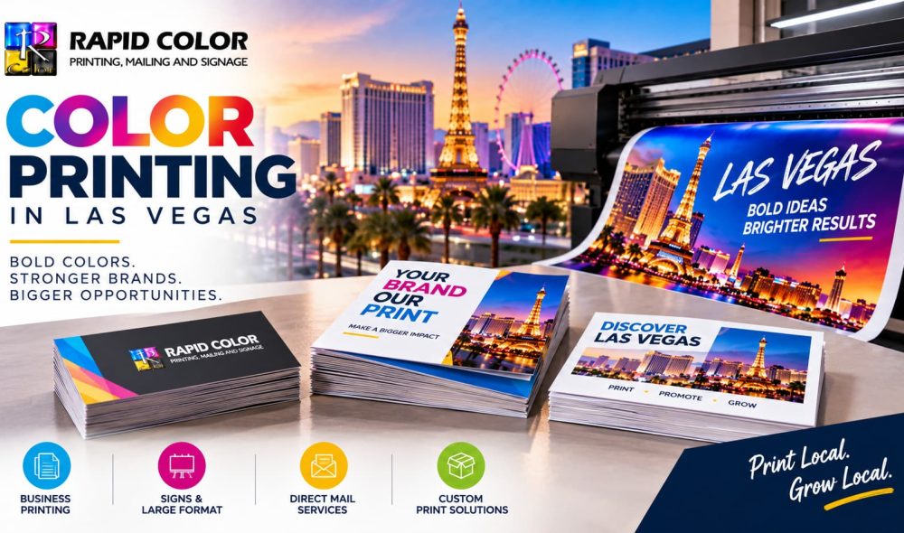 Full color printed brochures, business cards and banners produced at a Las Vegas commercial printing plant