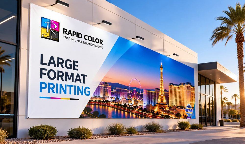 Rapid Color large format printing banner displayed on a modern Las Vegas commercial building with a colorful city skyline graphic and clean outdoor signage.