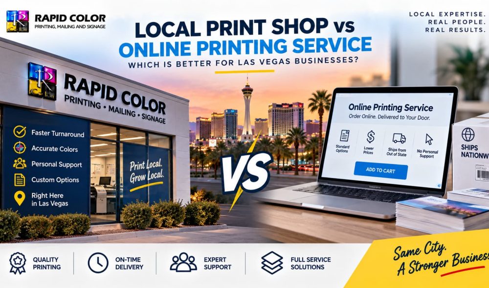 Side by side comparison of locally printed brochures and mail-order printed samples for a Las Vegas business