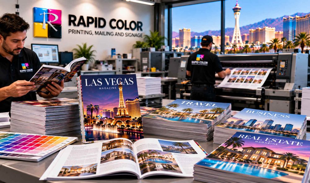 Stack of freshly printed saddle-stitched magazines with glossy covers on a print shop table