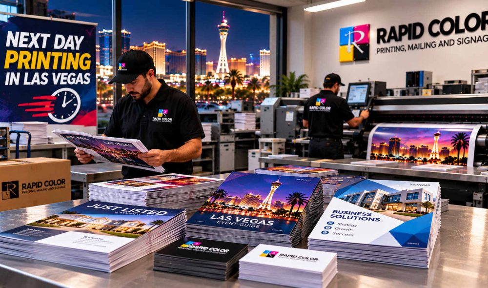 Printer operator checking freshly printed flyers coming off a digital press in a Las Vegas print shop