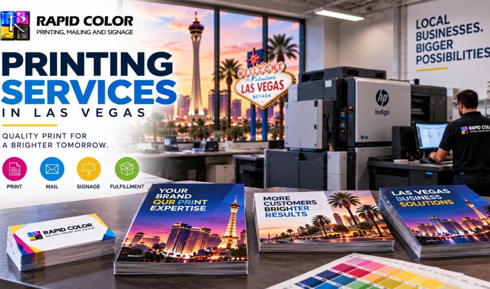 Printing services in Las Vegas featuring commercial printing equipment, marketing materials, and Rapid Color branding