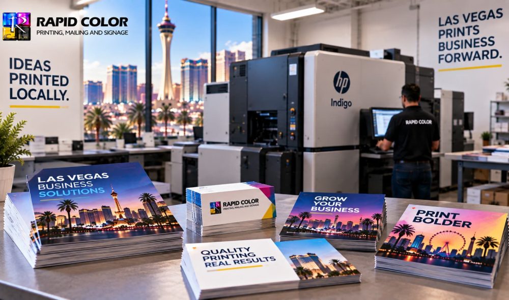Digital printing in Las Vegas featuring a modern HP Indigo press, printed business materials, Rapid Color branding, and Las Vegas skyline