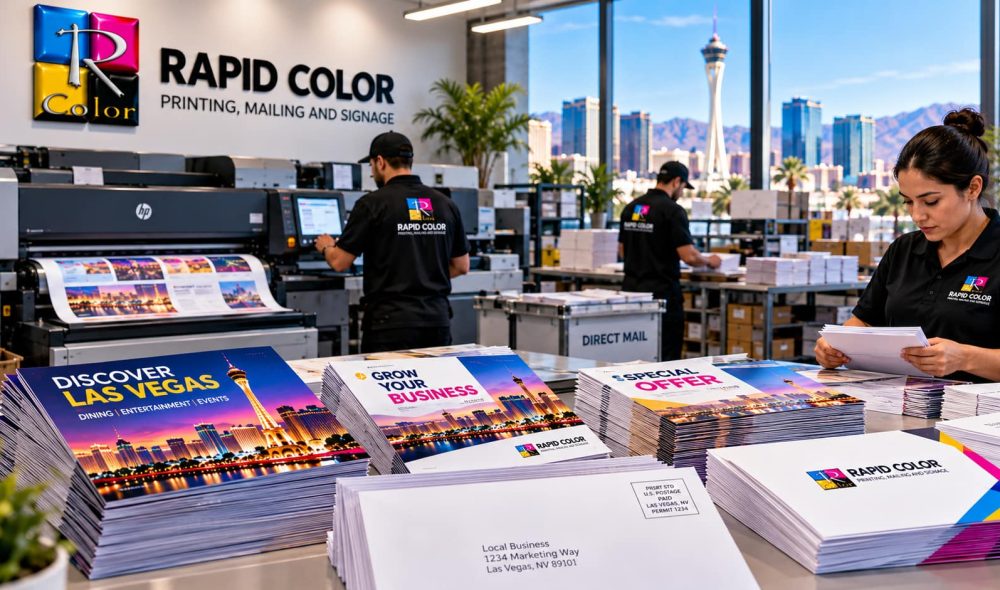 Rapid Color bulk mail printing services with printed postcards, business mailers, envelopes, and professional mailing production in Las Vegas.
