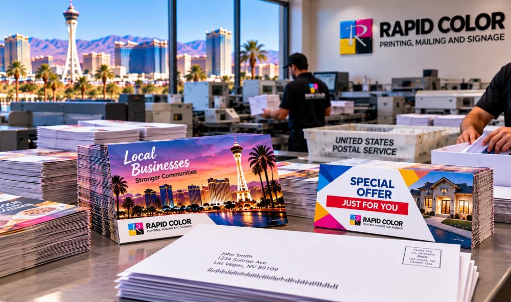 Pallets of printed direct mail postcards being sorted for delivery at a Las Vegas print and mail facility